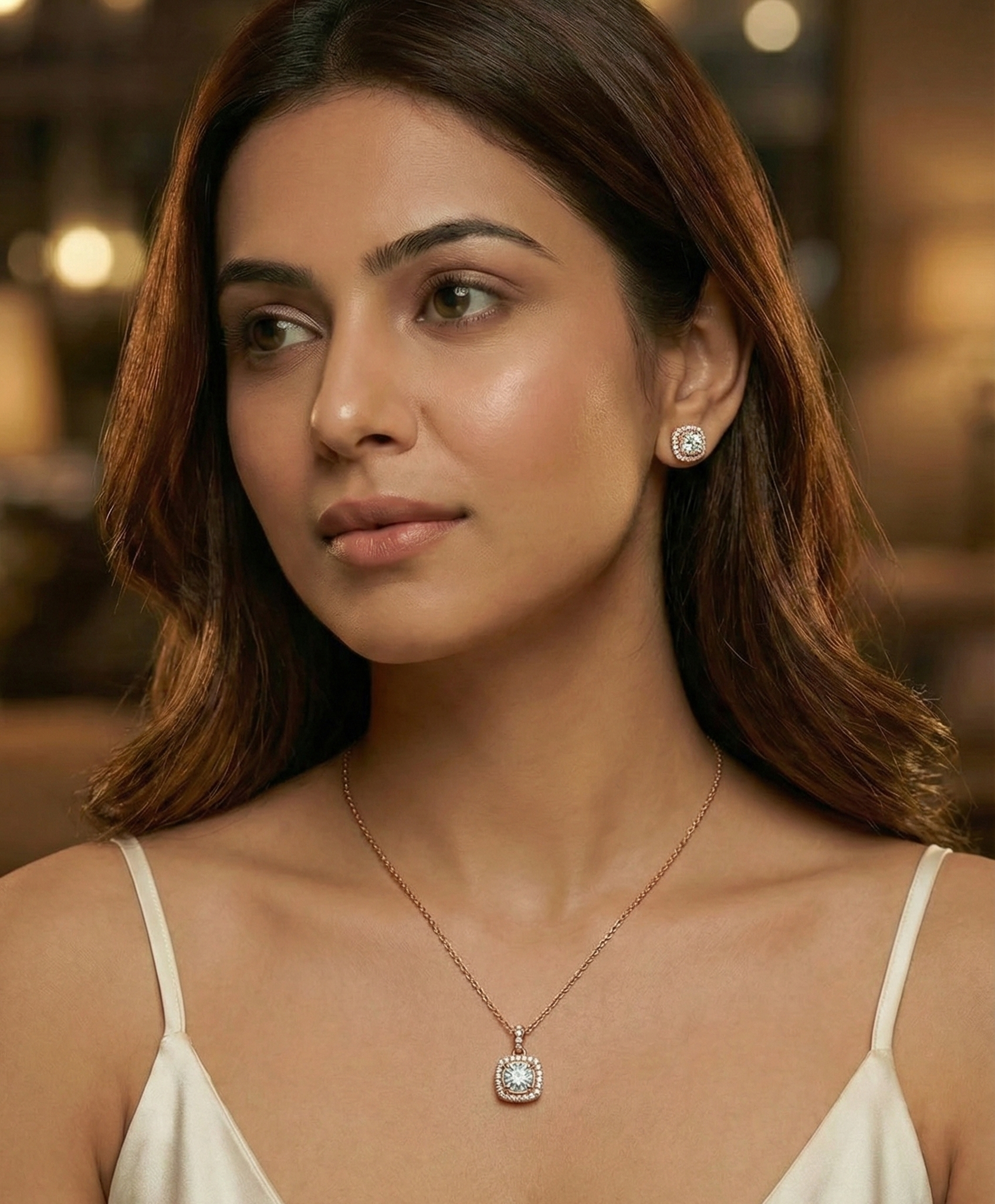 Cushion Halo Pendant Necklace Set