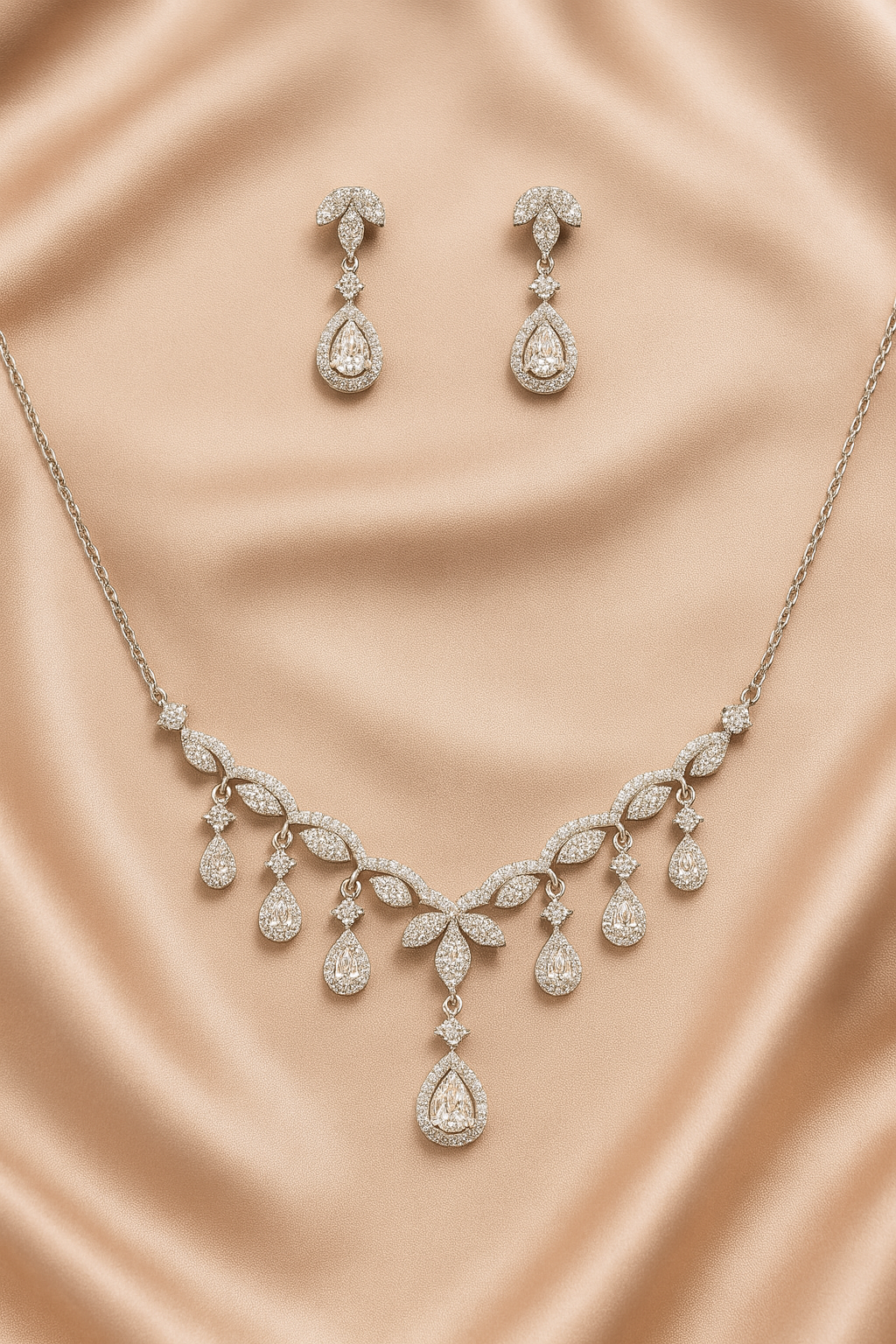 Silver Crystal Drop Necklace Set – Elegant Statement Design