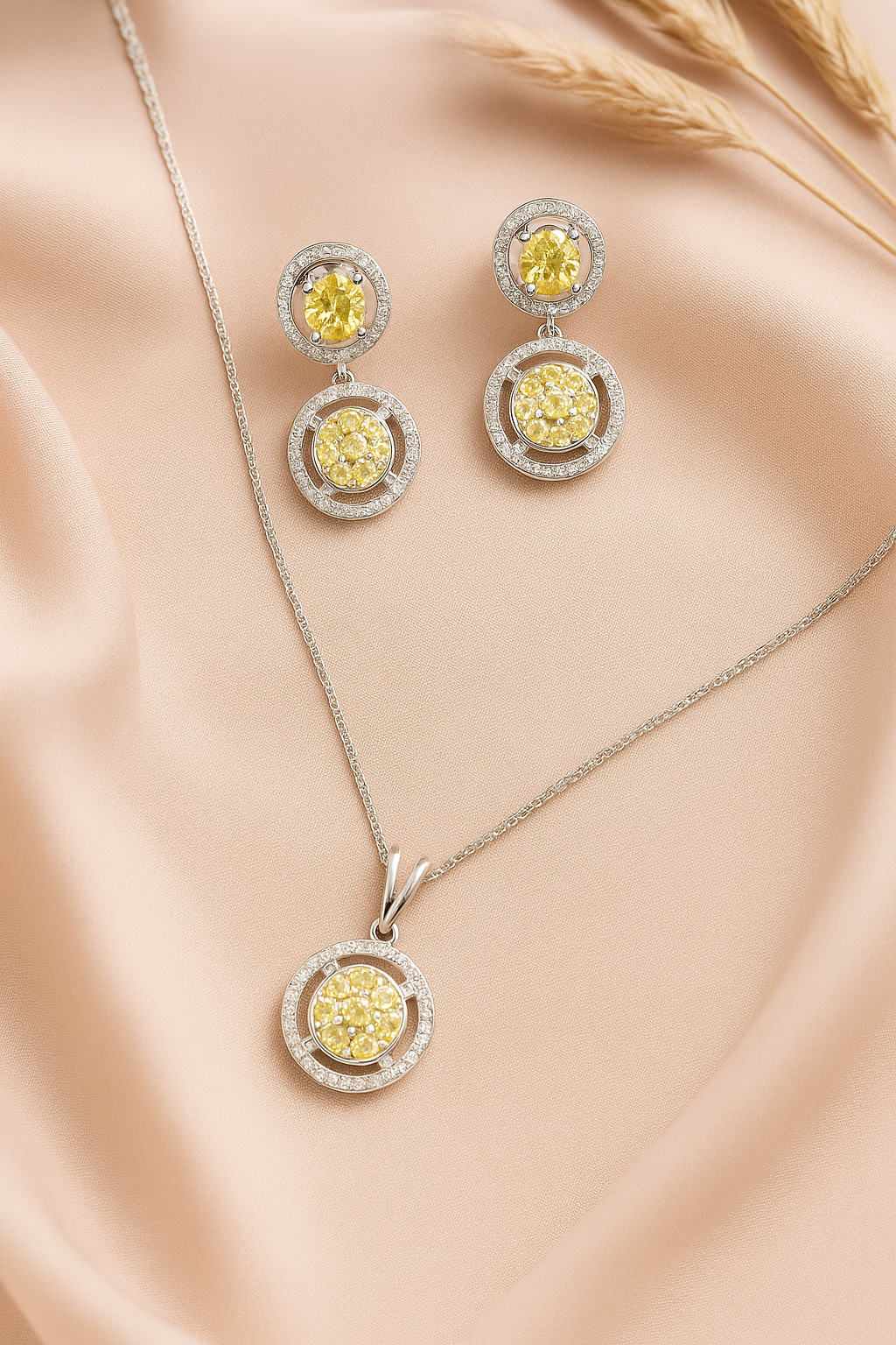 Yellow Aura Oval Silver Necklace & Earring Set