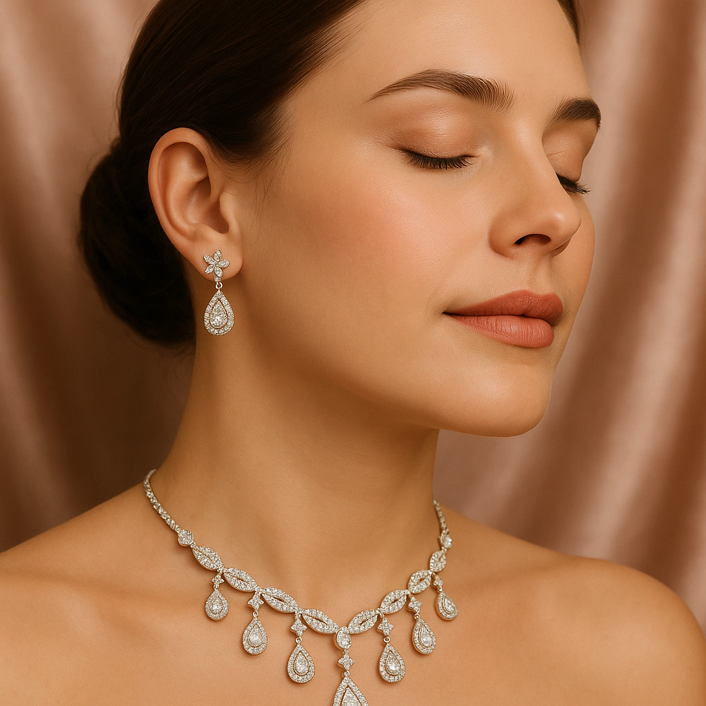 Silver Crystal Drop Necklace Set – Elegant Statement Design