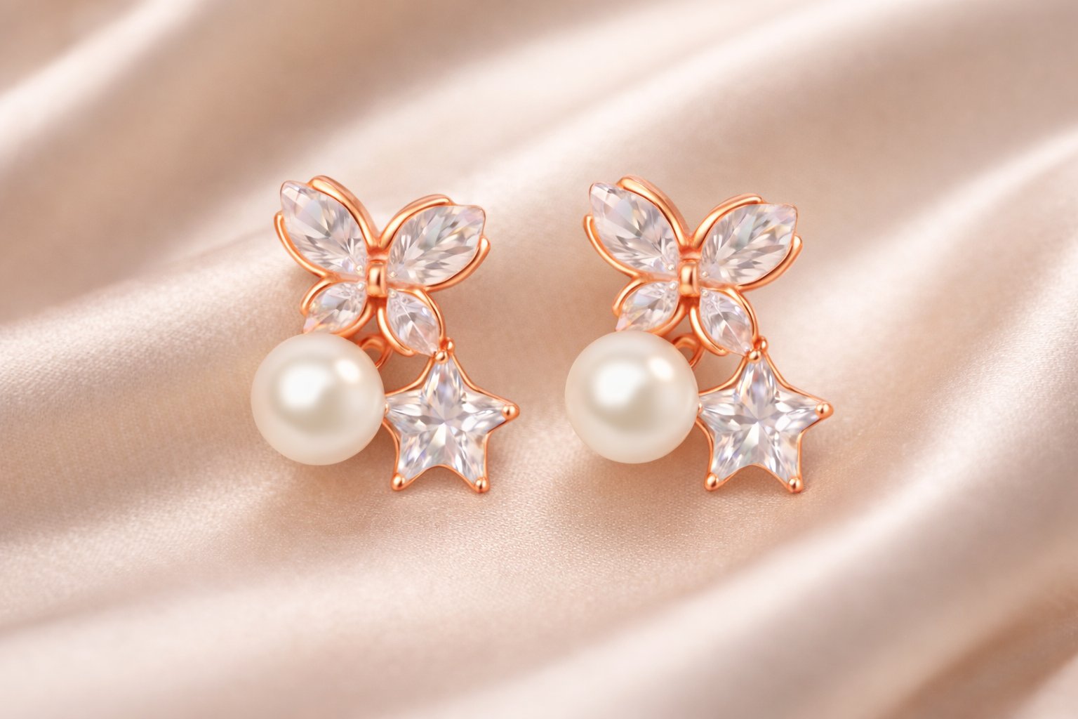 Pearl Bloom Star Stud Earrings - Rose Gold