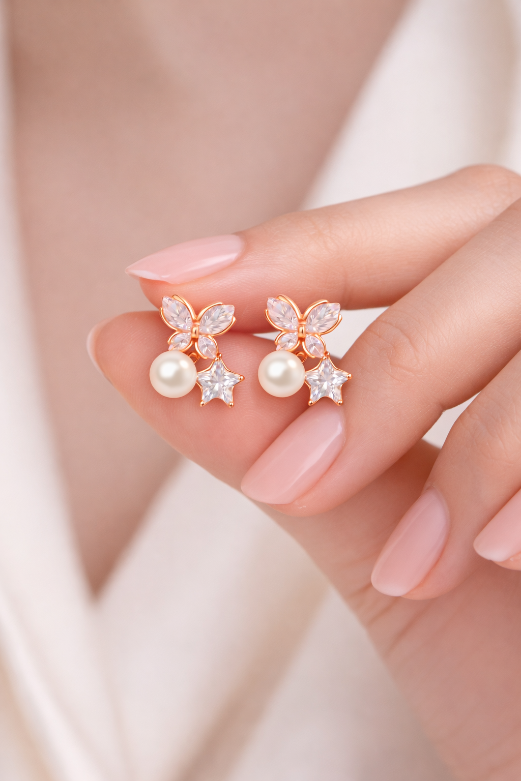Pearl Bloom Star Stud Earrings - Rose Gold