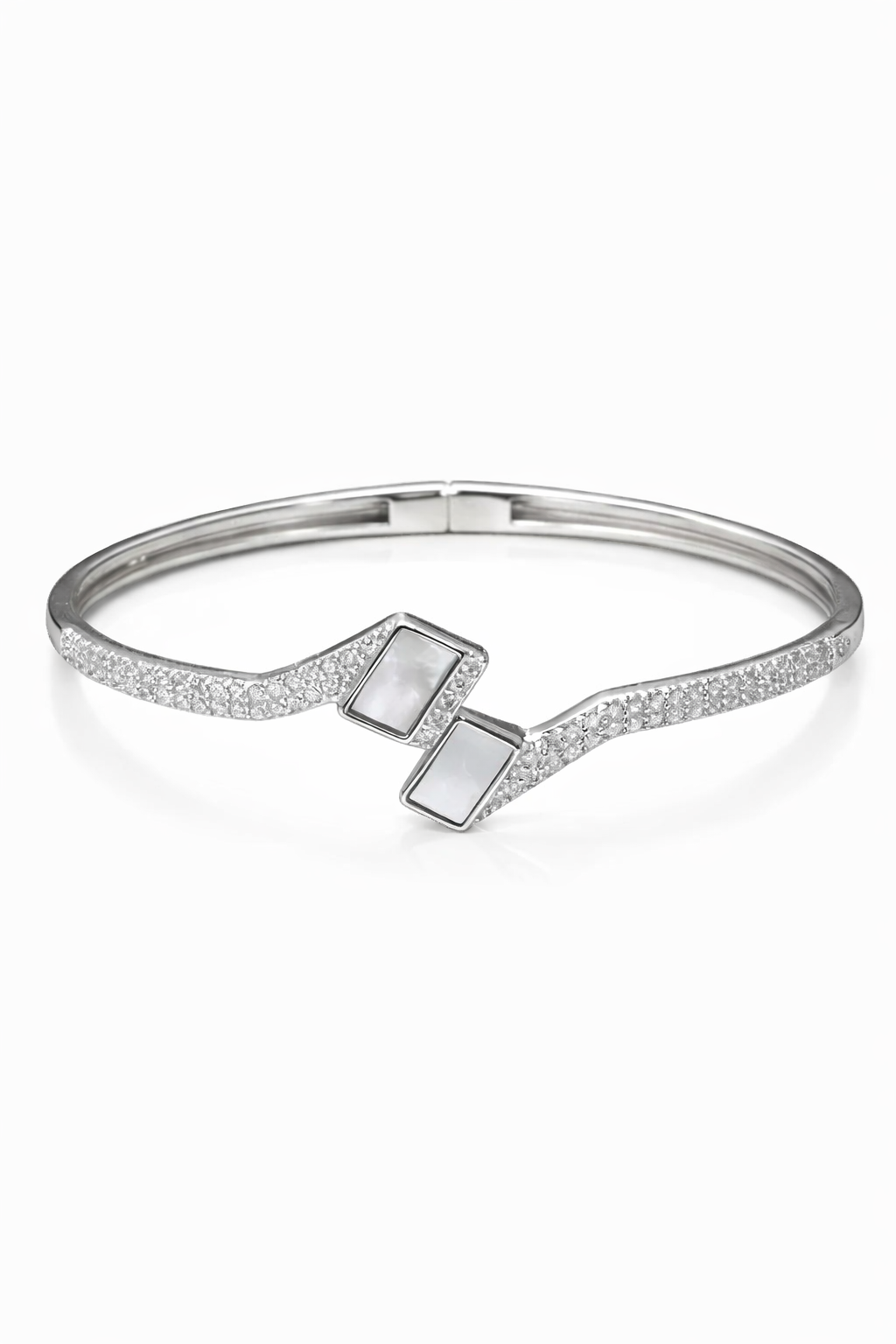 Modern silver geometric wave bangle with rectangular mother of pearl stones and pave cubic zirconia by SARYA.