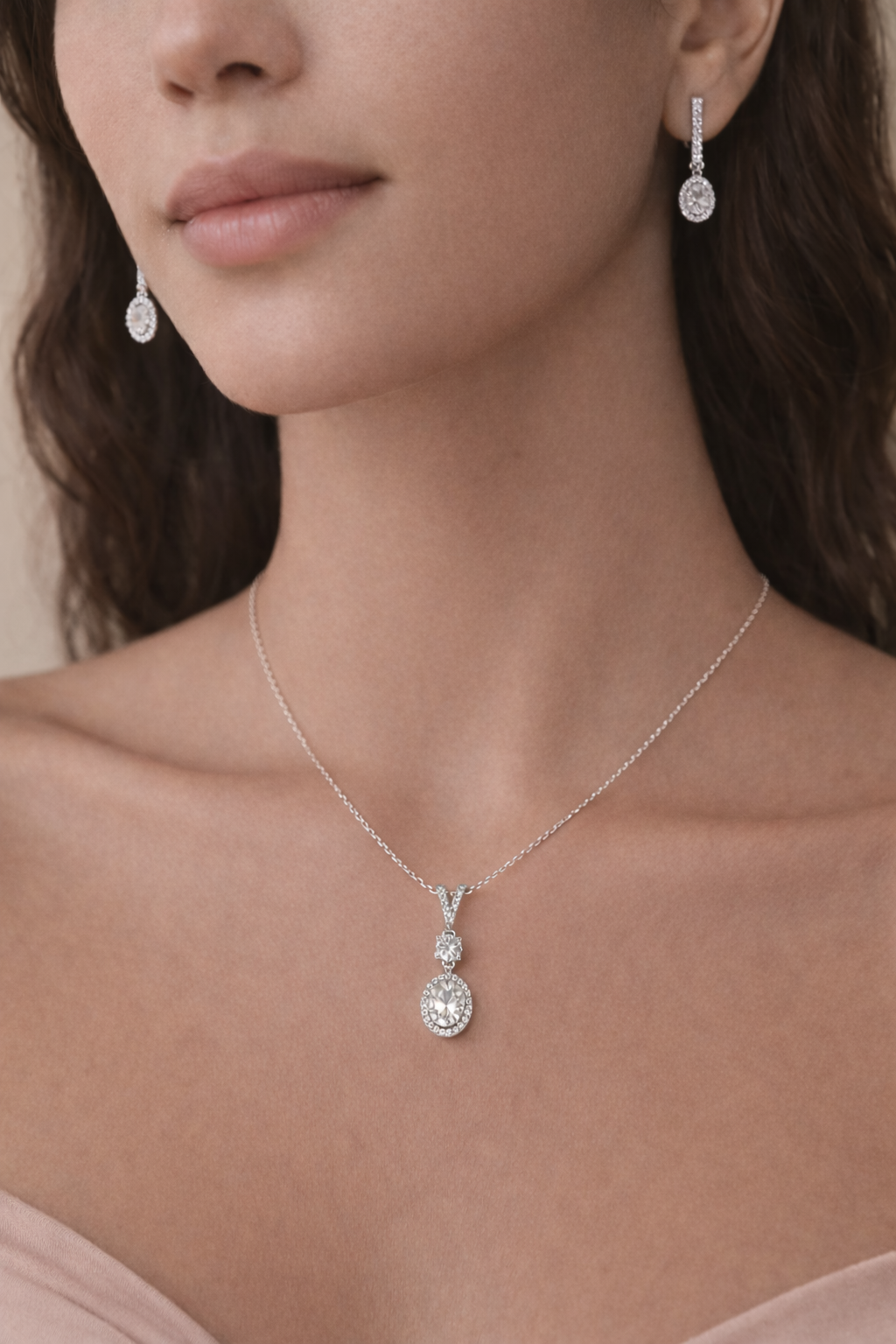 Elegant Halo Drop Pendant with earring Set – 925 Sterling Silver