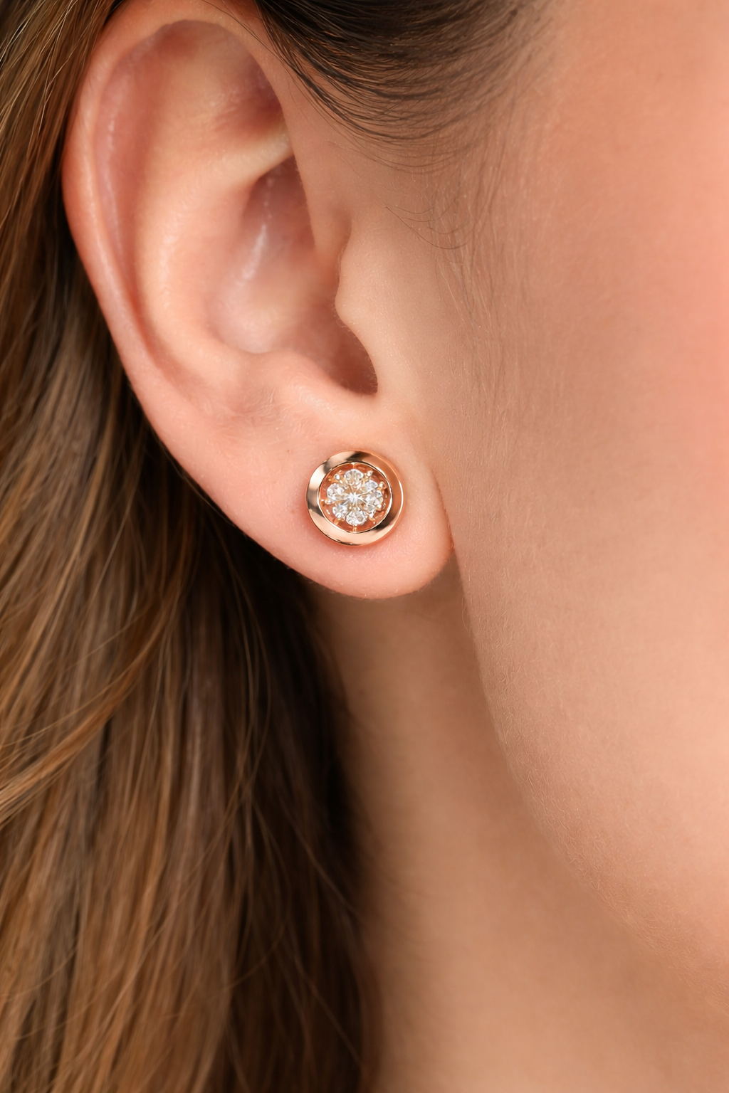 Rose Gold Finish Floral CZ Stud Earrings (Sterling Silver)