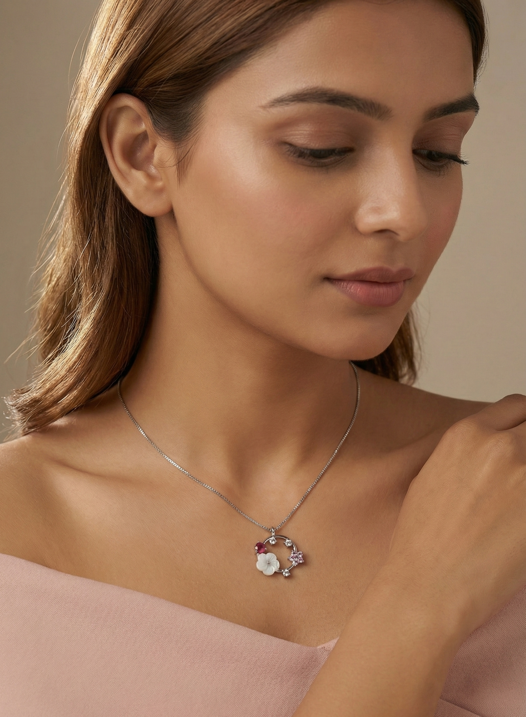 Silver Floral Pendant Necklace with Multi-Colored Stones