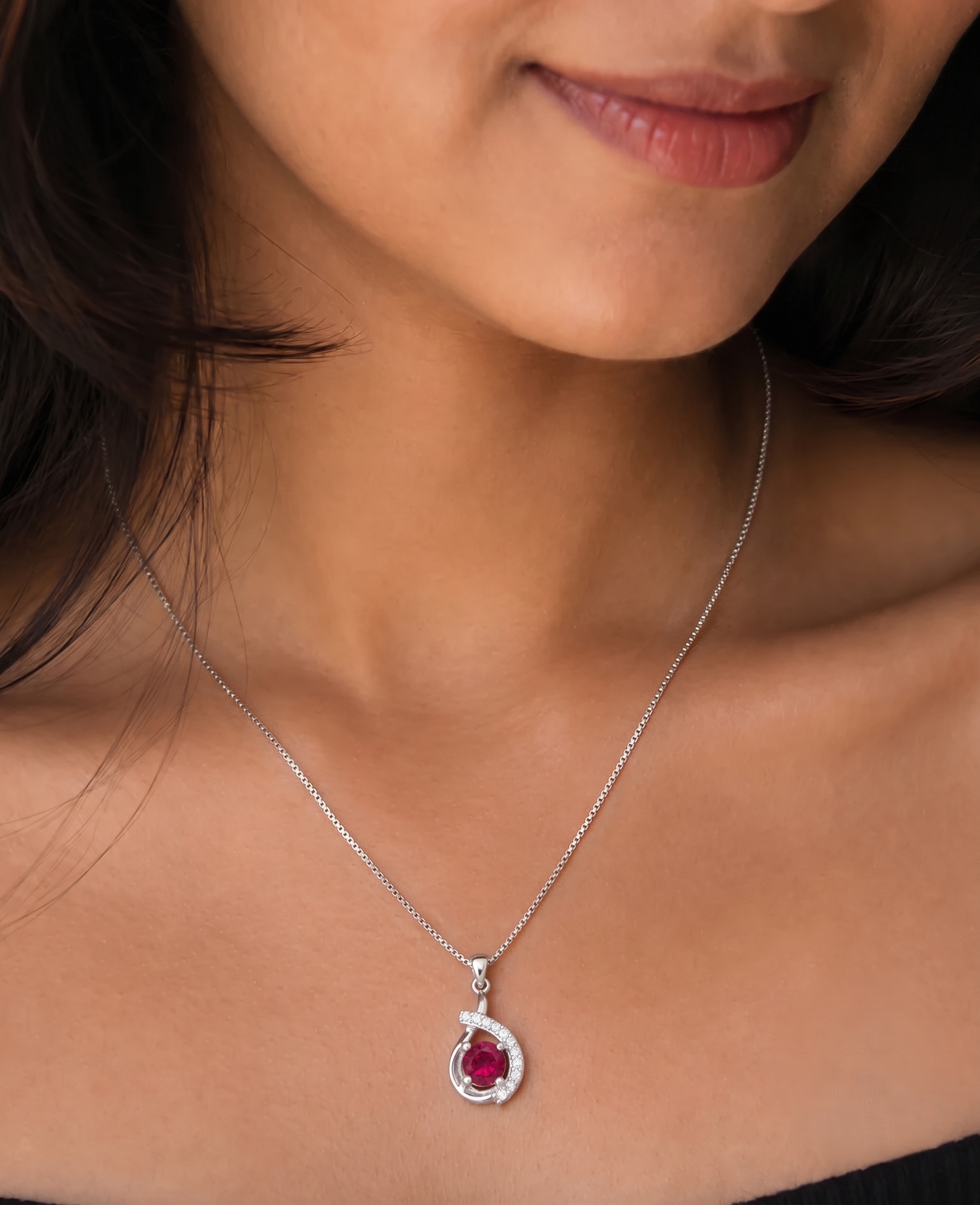 Ruby Red Halo Pendant Necklace in 925 Sterling Silver