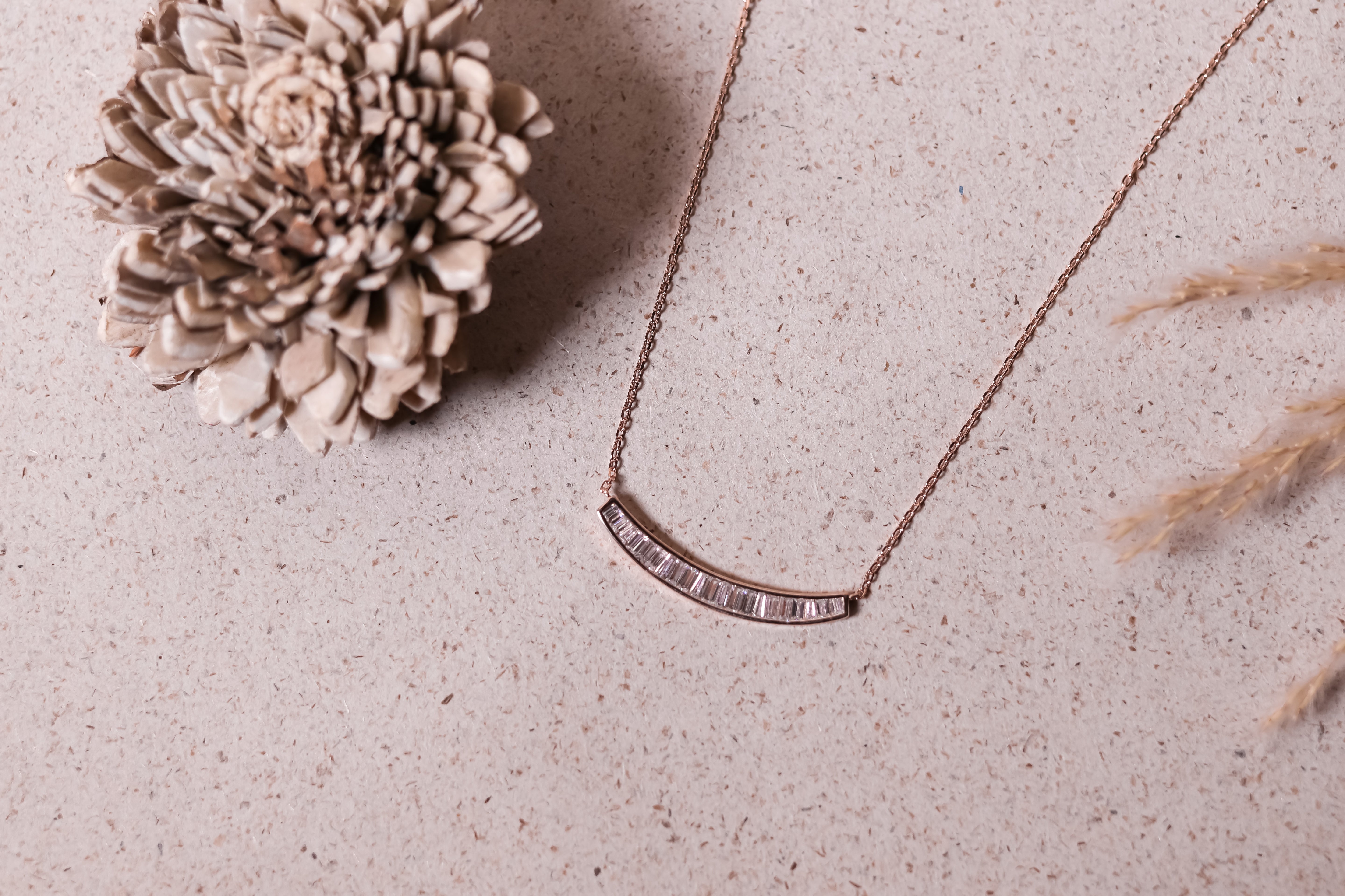 Elegant Rose Gold Crescent Necklace with Baguette Diamonds