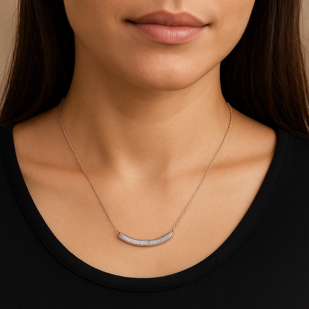 Elegant Rose Gold Crescent Necklace with Baguette Diamonds