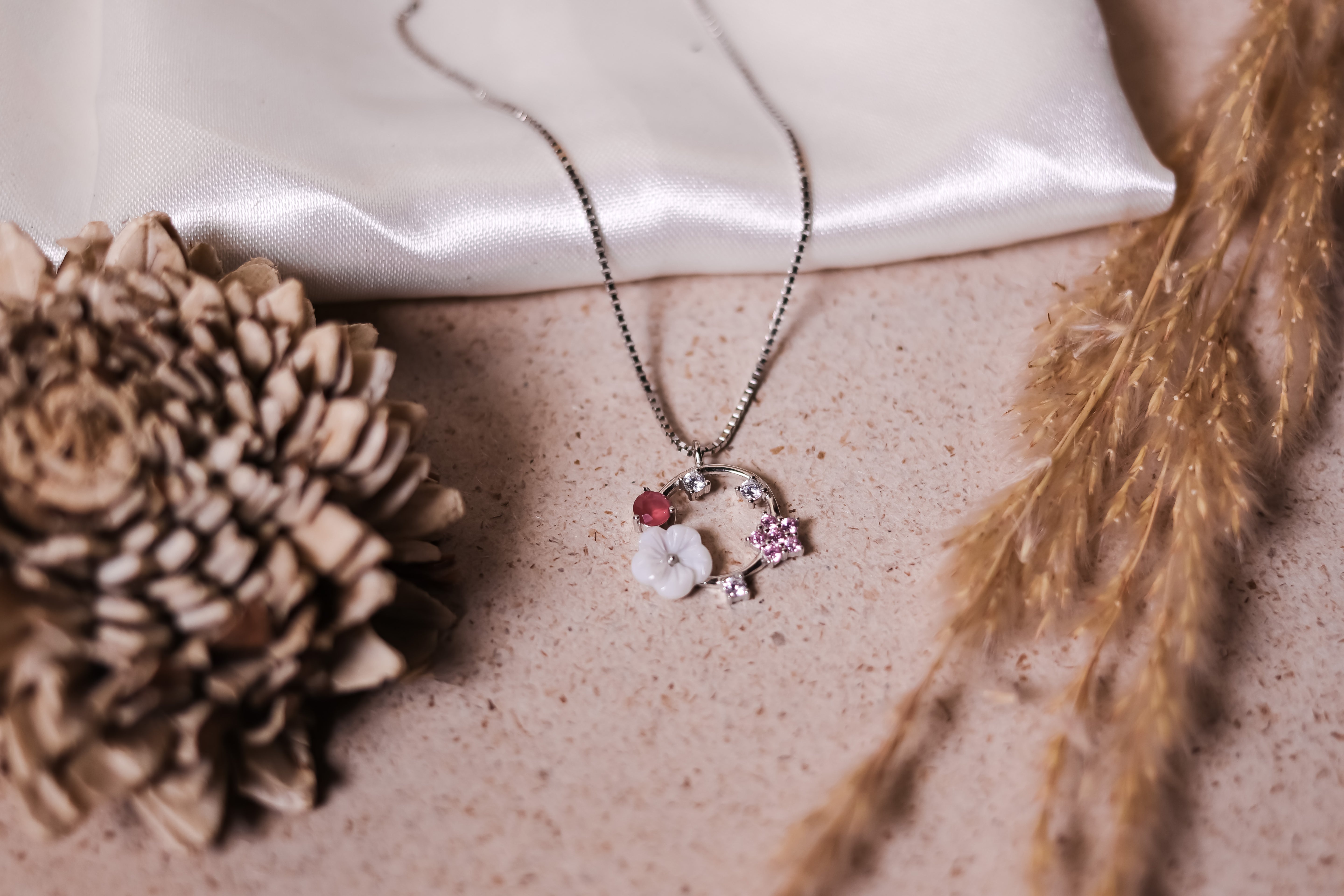 Silver Floral Pendant Necklace with Multi-Colored Stones