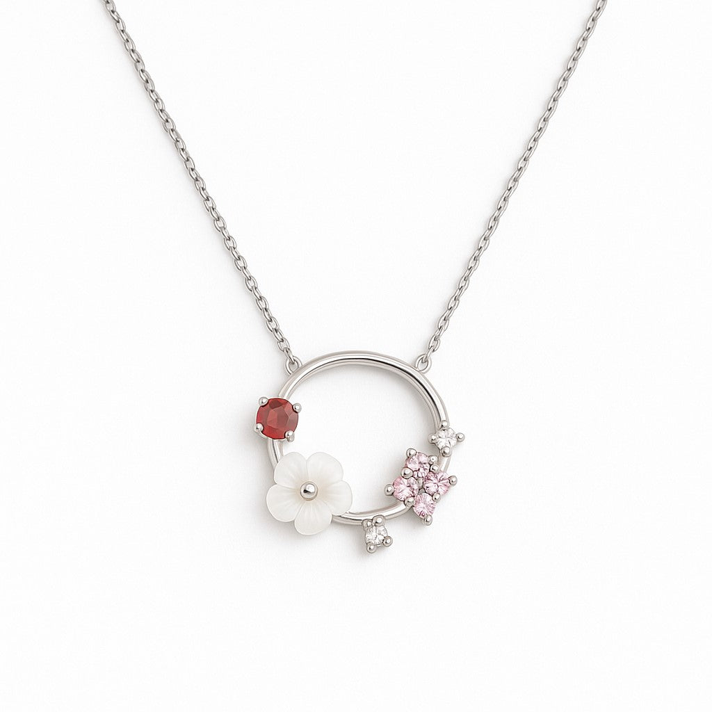 Silver Floral Pendant Necklace with Multi-Colored Stones