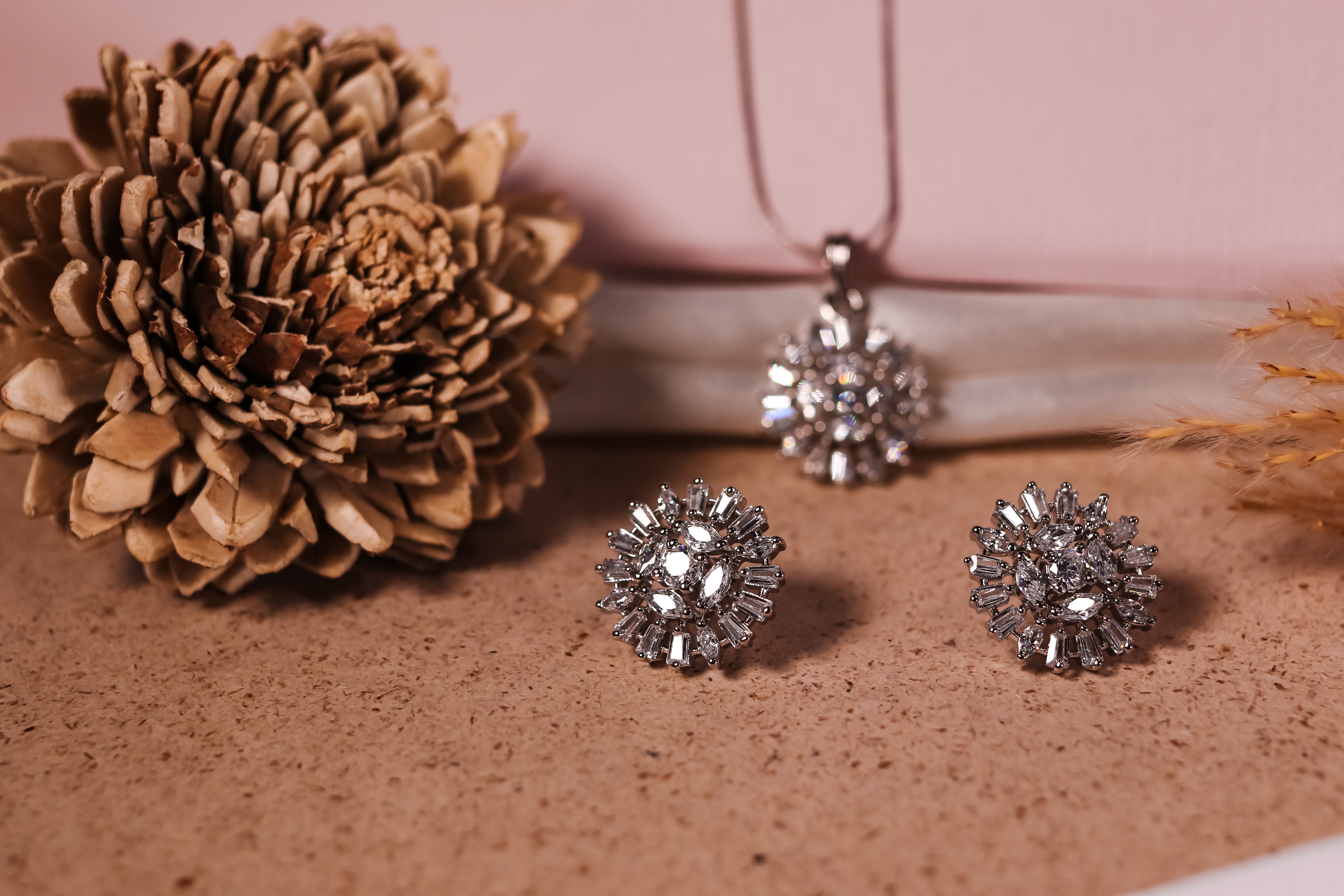 Radiant Blossom Sterling Silver Chain Pendant with Earrings
