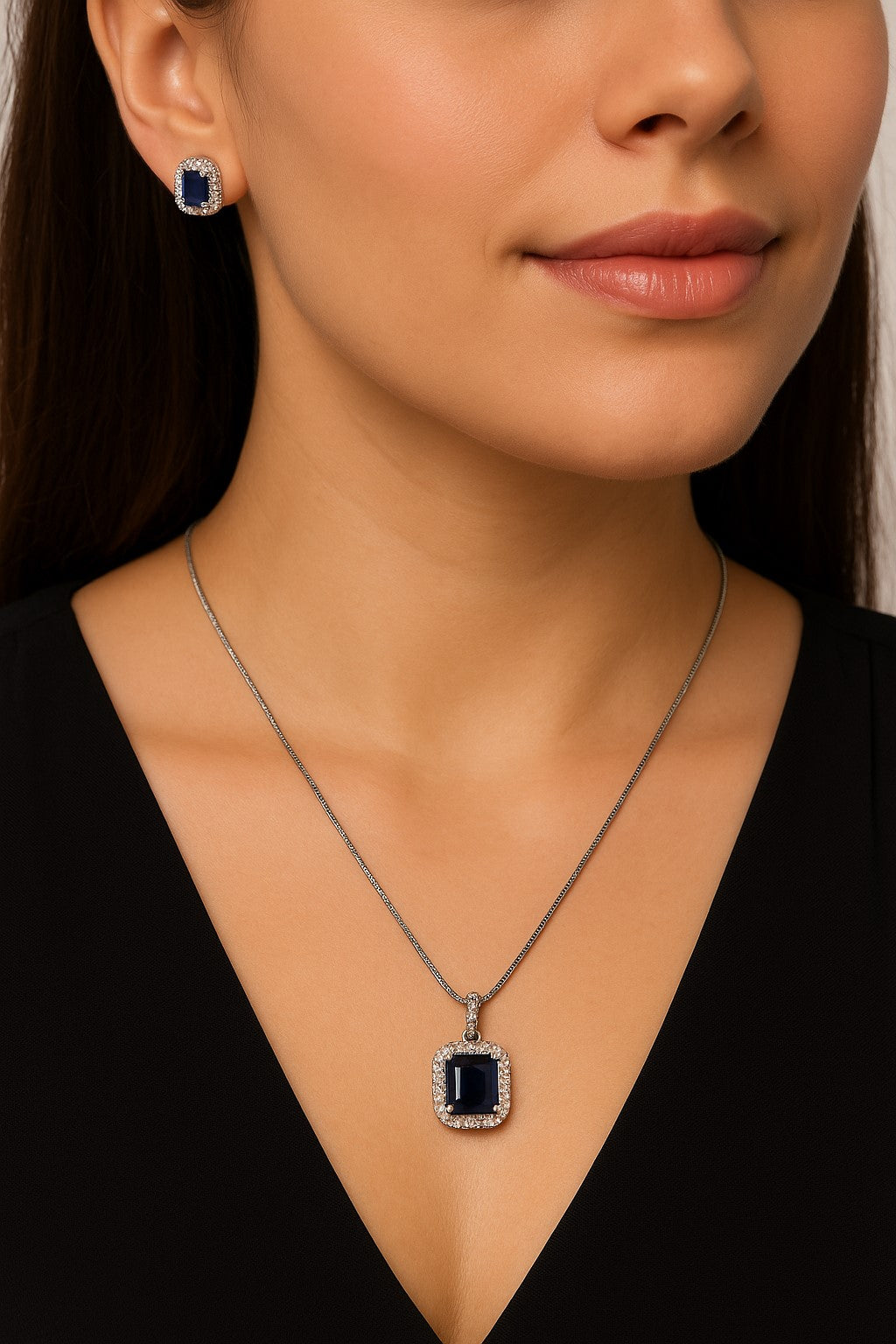 Royal Grace Emerald-Cut Sapphire Pendant & Earring Set