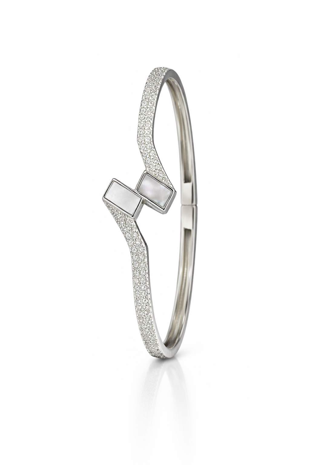 Side profile of sterling silver hinged cuff bracelet showing micro pave setting and sleek rhodium plated finish.