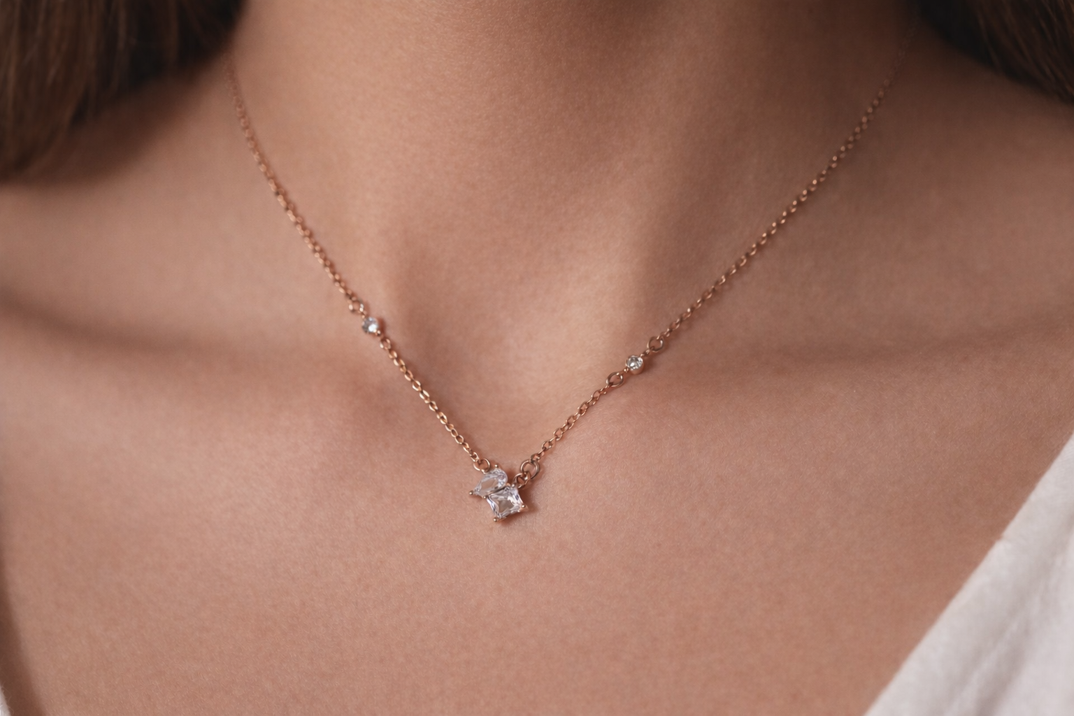 Sterling Silver Rose Gold Necklace with Clear Accent Stones