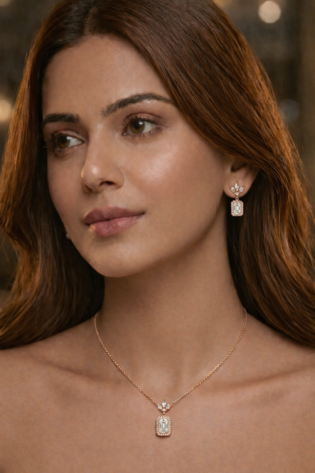 Rose Gold Halo Pendant Necklace with Matching Earrings