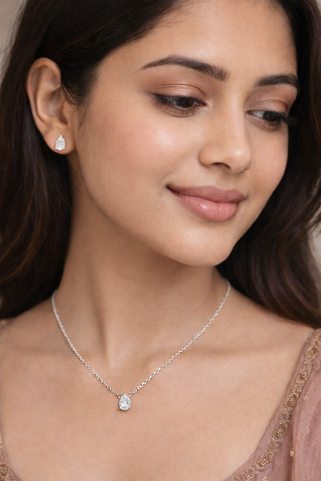 Pear-Drop Solitaire Necklace & Studs Set