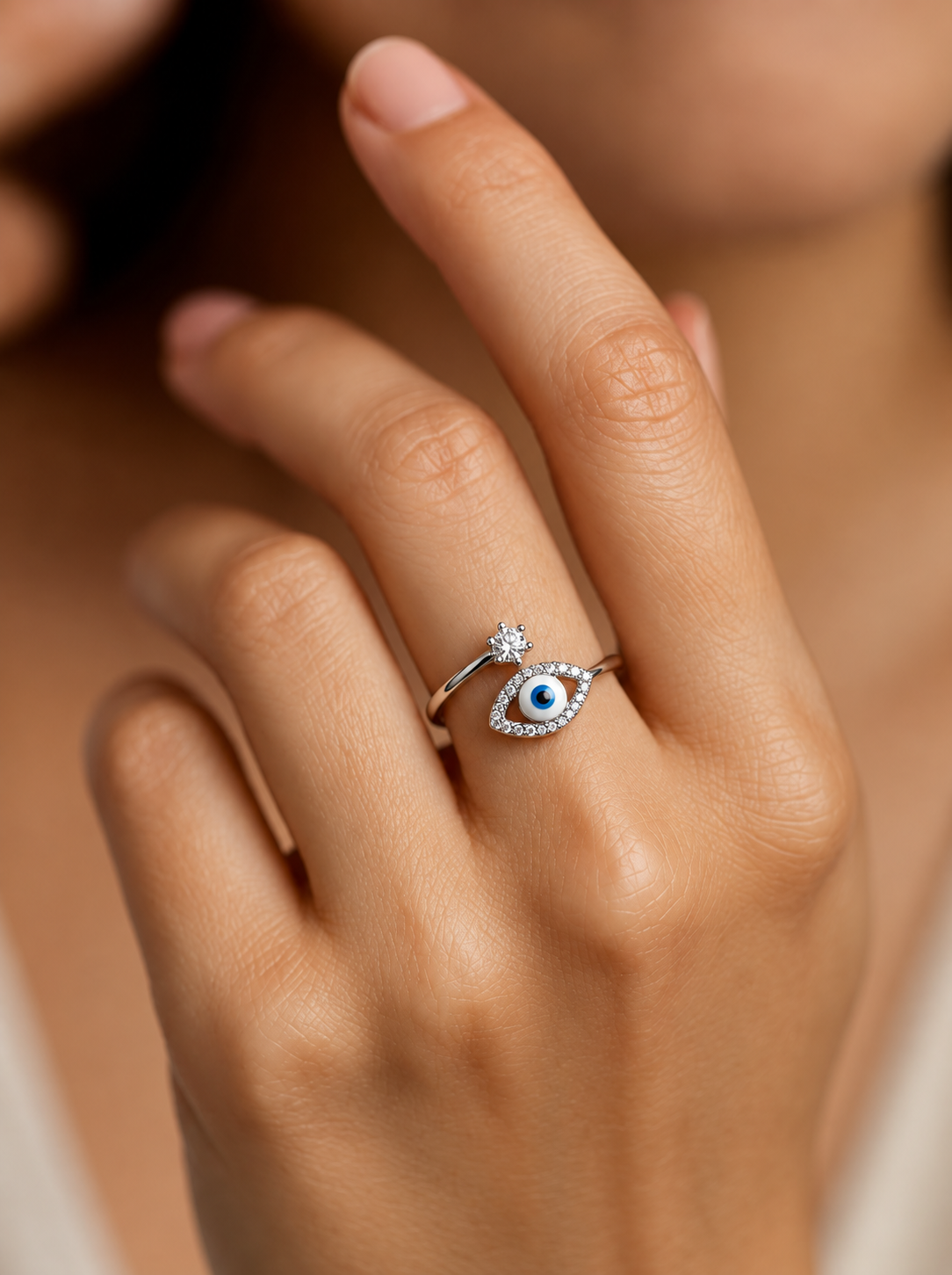 Adjustable Open Evil Eye Sparkle Ring
