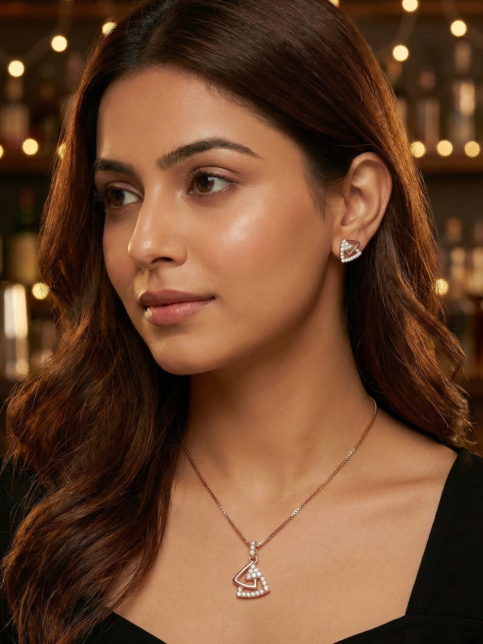 Geometric Rose-Gold Necklace & Studs Set