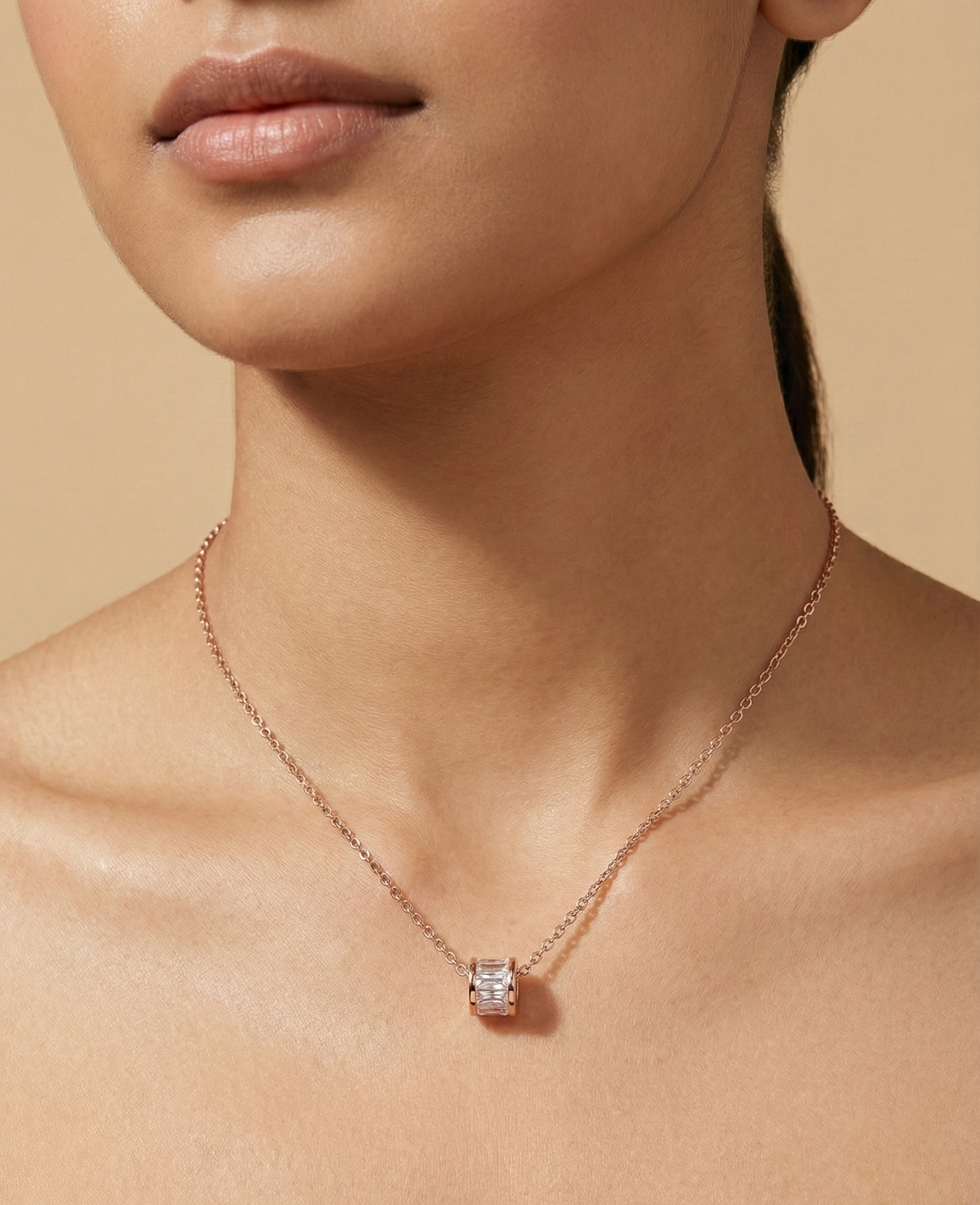 Rose Gold Cylindrical Crystal Necklace | 925 Sterling Silver
