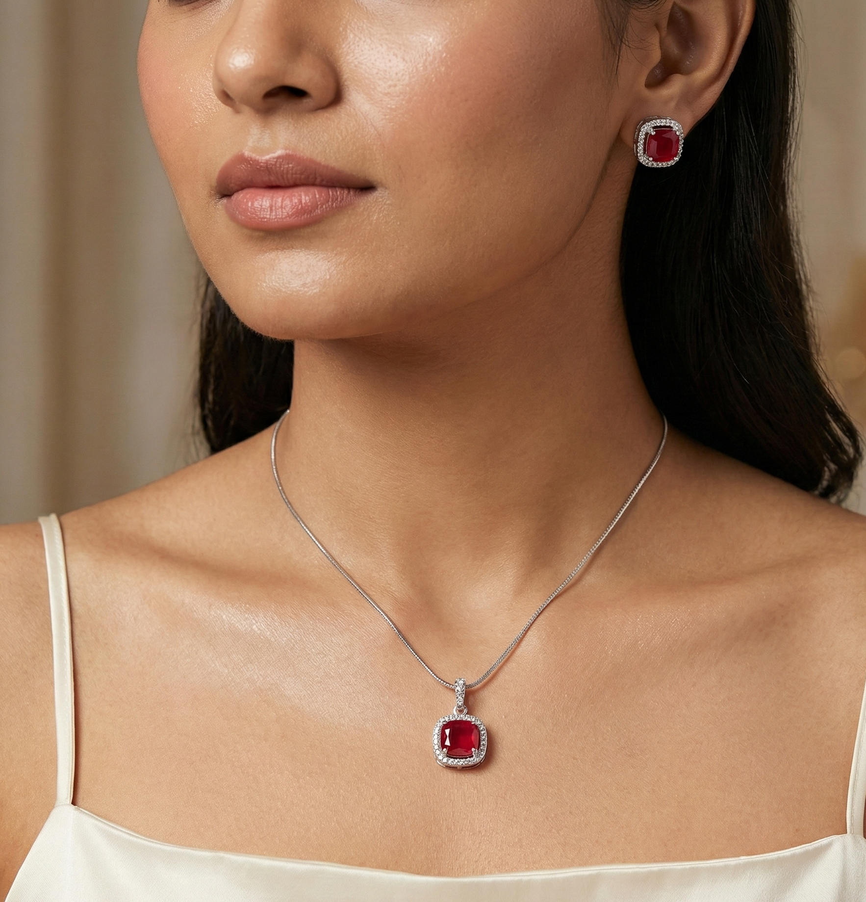 Regal Ruby Elegance Pendant & Earring Set