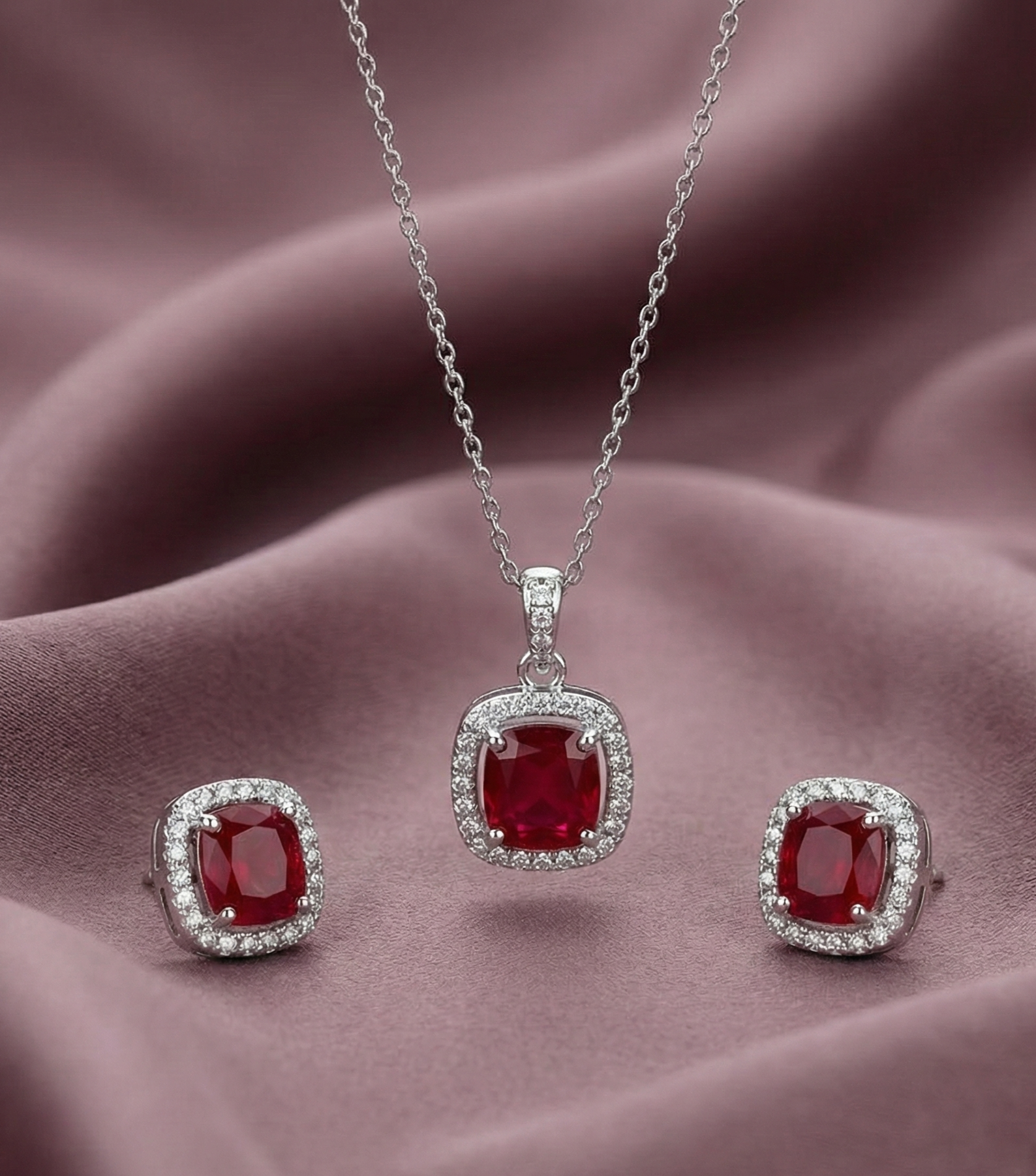 Regal Ruby Elegance Pendant & Earring Set