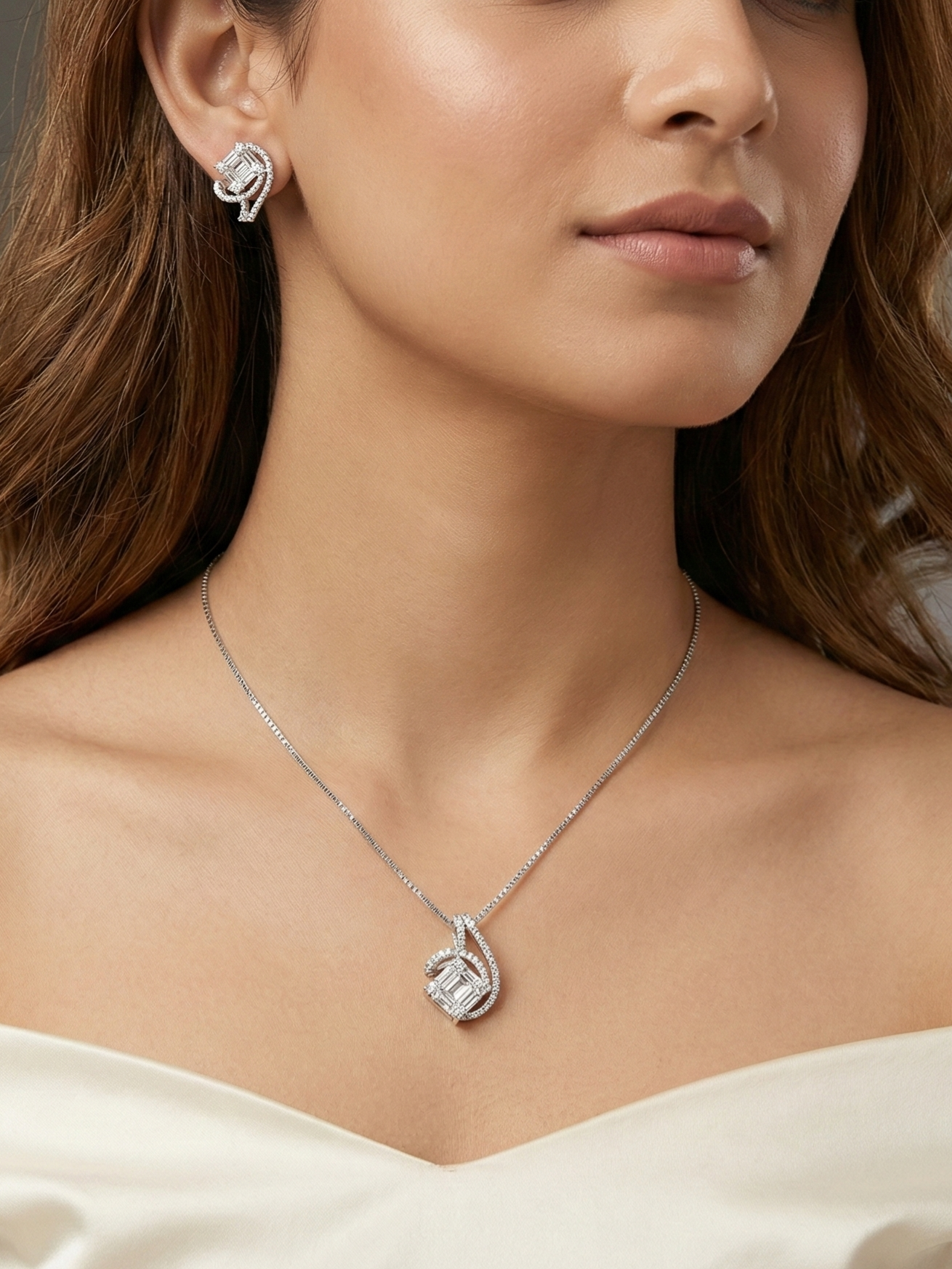 925 Sterling Silver Pendant & Earrings Set with Emerald-Cut Centerpieces