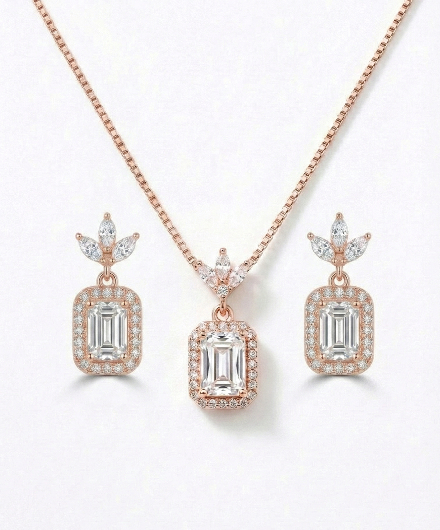 Rose Gold Halo Pendant Necklace with Matching Earrings